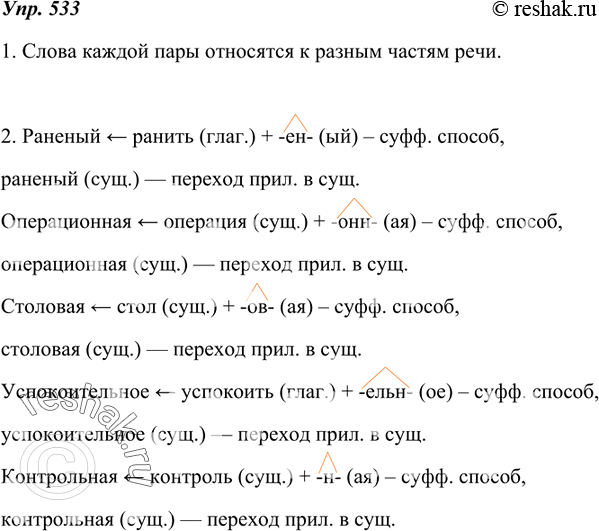 Изображение 533. 1. Объясните, чем отличаются выделенные слова каждой пары.1) Раненый солдат— раненый выздоравливает.2) Операционная комната — операционная вымыта.3) Столовая...